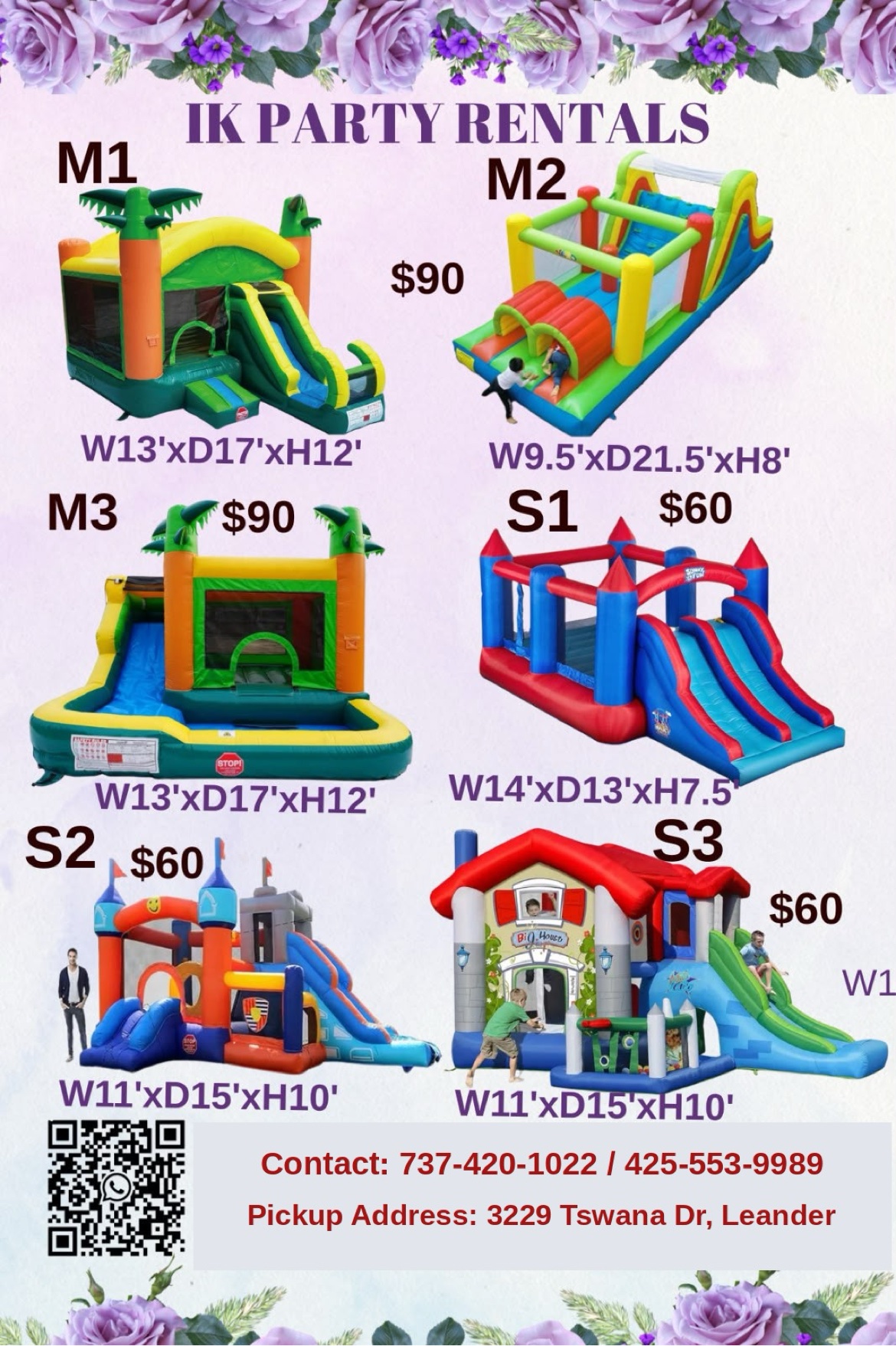 Small and medium IK Party Rentals inflatables with item codes and dimensions